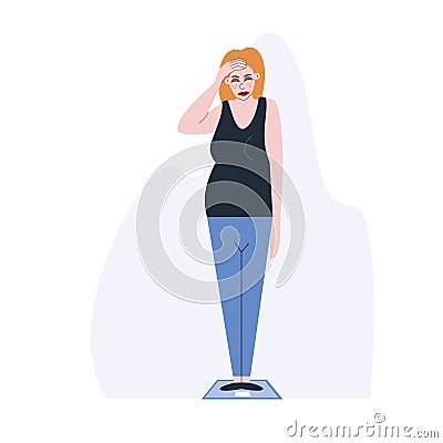 The girl is weighed on the scales. Weight gain. The woman is worried about her health. Vector illustration Vector Illustration