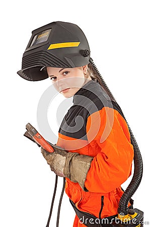 Girl welder worker in welding mask Stock Photo