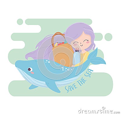 Girl whale and shopping bag save the sea environment ecology Vector Illustration