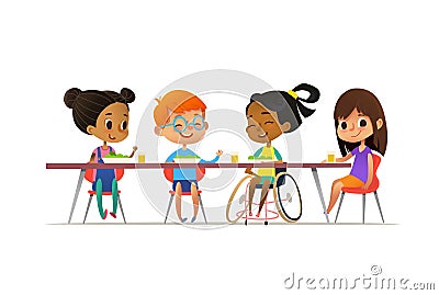 Girl in wheelchair sitting at table in canteen and talking to her friends. Happy multiracial kids having lunch. School inclusion c Vector Illustration