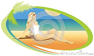 Blond girl sunbathing on the beach. Vector Illustration