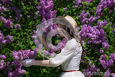 Girl in a white dress hugs a flowering lilac in the park Stock Photo