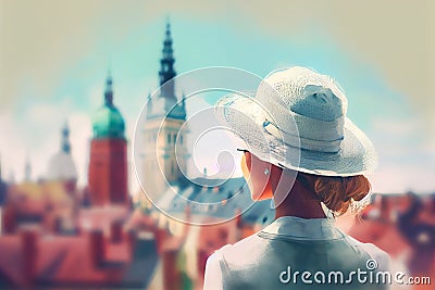 girl in a white hat admires Warsaw Poland. Generative AI, Generative, AI Stock Photo