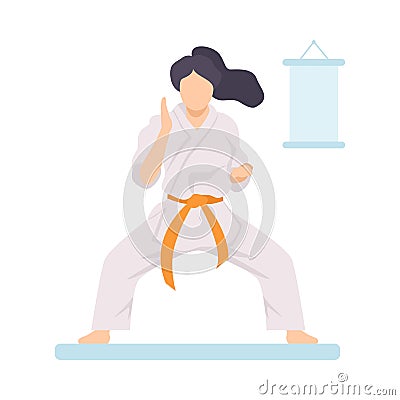 Girl in White Kimono with Orange Belt Doing Karate Vector Illustration Vector Illustration