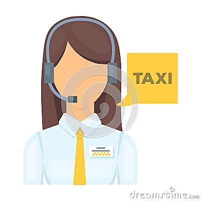 Girl in a white shirt with headphones.Call centre manager takes a taxi booking. Taxi station single icon in cartoon Vector Illustration