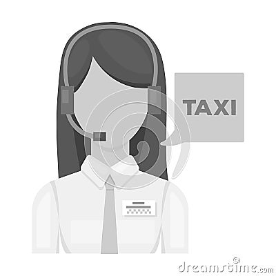 Girl in a white shirt with headphones.Call centre manager takes a taxi booking. Taxi station single icon in monochrome Vector Illustration