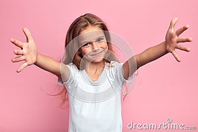 Girl in white t-shirt with arms wide open going to hug her family, Stock Photo