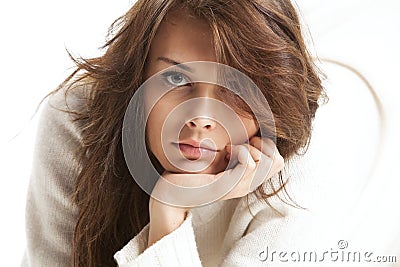 Girl in white wool sweater Stock Photo