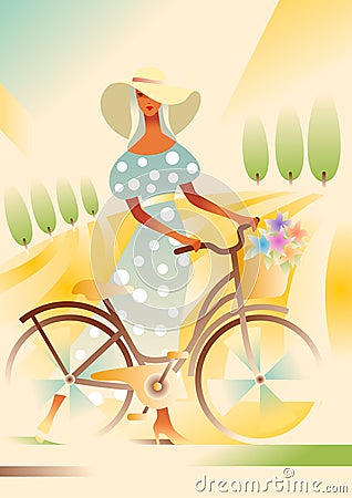 Girl in wide-brimmed hat and blue dress with a bicycle on the road in the field. Rural landscape. Vector Illustration