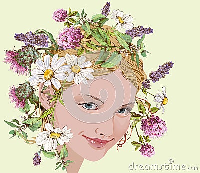 Girl with wild flowers and herbs wreath Vector Illustration