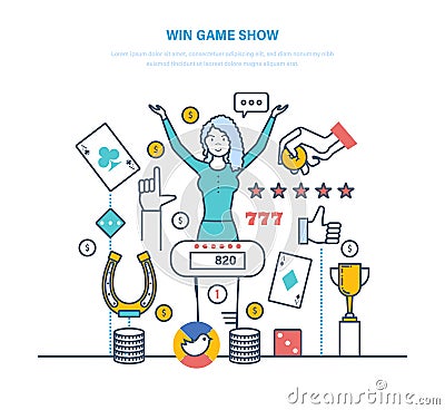 Girl winning of game, concept success, fortune, hight level erudition. Vector Illustration