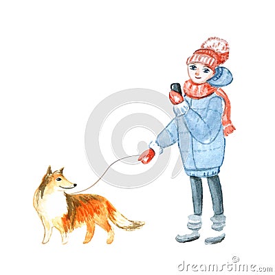 A girl in winter clothes with a phone in her hands walks with a dog Cartoon Illustration