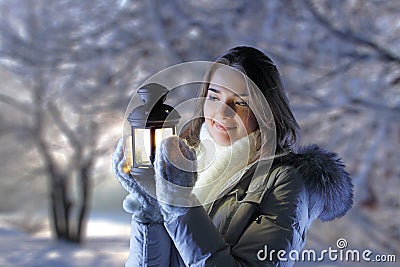 Girl in winter forest Stock Photo