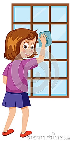 A girl wiping window by rag Vector Illustration