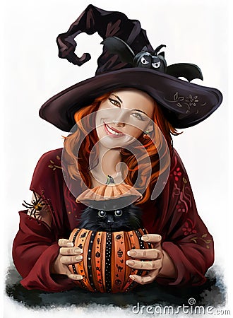 Girl witch and black cat Stock Photo