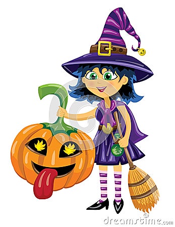 Girl in witch costume with pumpkin and broom Vector Illustration