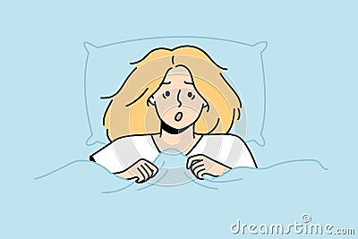 Girl woke up in horror after nightmare in dream. Vector Illustration