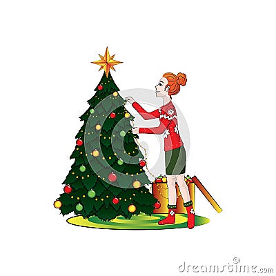 Girl woman decorates a Christmas tree. Vector color illustration Vector Illustration