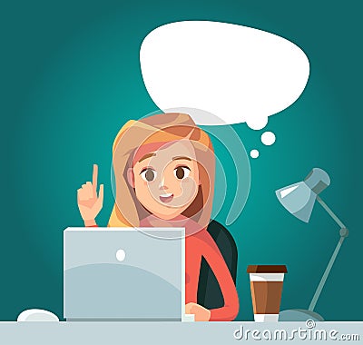 Girl woman freelancer with idea bubble working telecommuting with laptop siting at workplace teleworking Vector Illustration