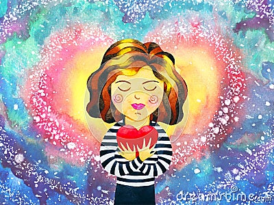 Girl woman love yourself heal red heart spirit mind health spiritual mental energy emotion connect to the universe power abstract Cartoon Illustration