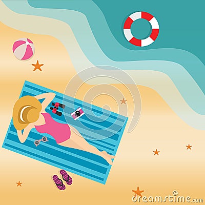 Girl woman lying at beach sand sun tanning wearing hat view from top Vector Illustration