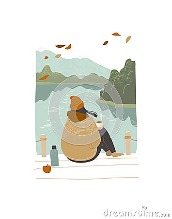 Girl woman sitting outdoors enjoing nature at the bay seashore fjord view. Vector Illustration