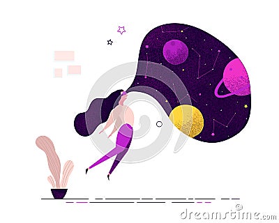 Girl woman wearing virtual reality glasses seeing space galaxy universe Vector Illustration