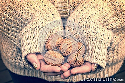 Girl with woolen sweater holding wallnuts Stock Photo