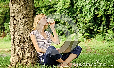 Girl work with laptop in park. Lunch time relax or coffee break. Work in summer park. Reasons why you should take your Stock Photo