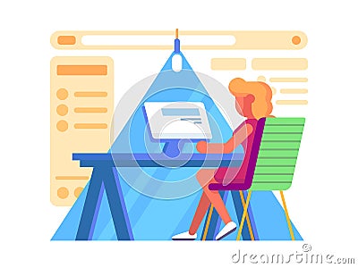 Girl working at computers Vector Illustration