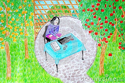 The girl is working in the garden! Cartoon Illustration