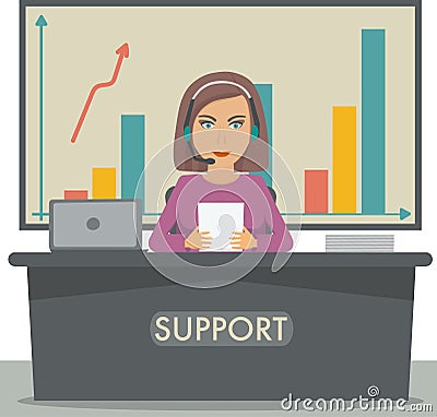 Girl working in support, call center manager, secretary at the reception, sales manager. Vector Illustration
