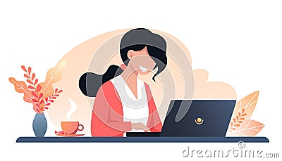 A young happy woman works on a laptop, autumn workplace interior design. Work from home, freelance. Vector illustration Vector Illustration