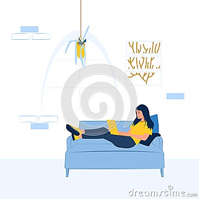 The girl works at the computer, sitting on a bag with beans epidemic, quarantine Vector Illustration