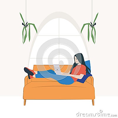 The girl works at the computer, sitting on a bag with beans epidemic Vector Illustration