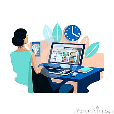 The girl works at home at the computer Vector Illustration