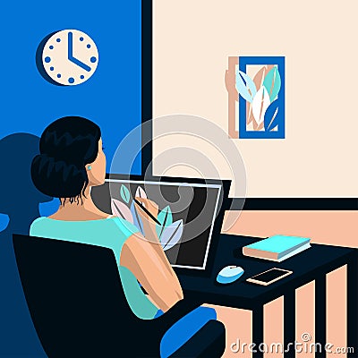 Girl draws on a graphics tablet Vector Illustration