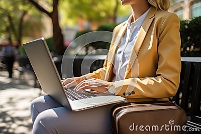 The girl works on a laptop while sitting on a park bench. Generative AI Cartoon Illustration