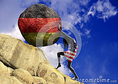 The girl, wrapped in the flag of United States of America raises a stone to the top in the form of a silhouette of the flag of Stock Photo