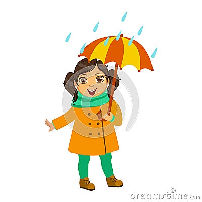 Girl In Yellow Coat And Scarf, Kid In Autumn Clothes In Fall Season Enjoyingn Rain And Rainy Weather, Splashes And Vector Illustration