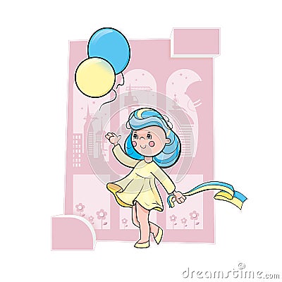 A girl in a yellow dress with blue hair dances with balloons. A modern, futuristic city of the future is being built against the Cartoon Illustration