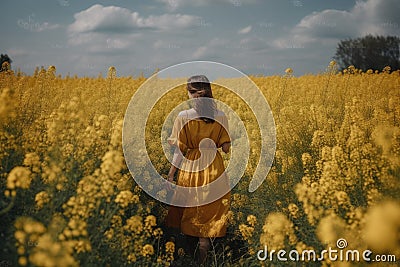 A girl in a yellow dress in a field of yellow flowers. A young girl full rear view walks in a field of mustard flowers, AI Stock Photo