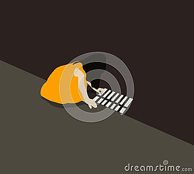 Girl in yellow dress playing drop something in street gutter or drain hole. Vector Illustration