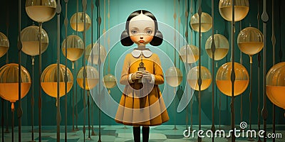 A girl in a yellow dress standing in front of a bunch of balloons. Generative AI image. Stock Photo