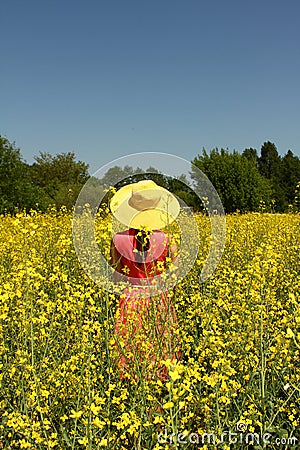 A girl in a yellow hat is standing with her back to a flowering field of yellow rapeseed Stock Photo