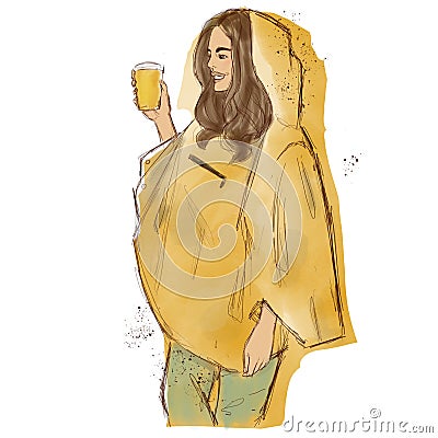 Girl in a yellow raincoat with a yellow glass in her hands. Stock Photo