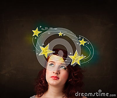 Girl with yellow stars circleing around her head illustration Cartoon Illustration