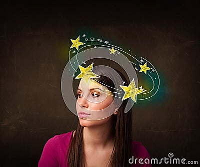 Girl with yellow stars circleing around her head illustration Cartoon Illustration