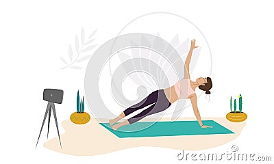 Girl Yoga Instructor shows exercises online standing on one arm and legs sideways Vector Illustration