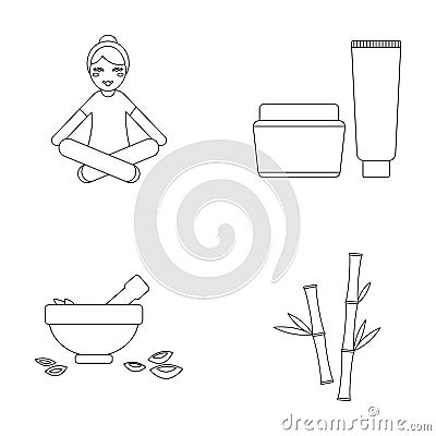 A girl in a yoga lotus pose, a jar of cream and a tube of ointment, a crush with a bowl and rose petals, bamboo with Vector Illustration